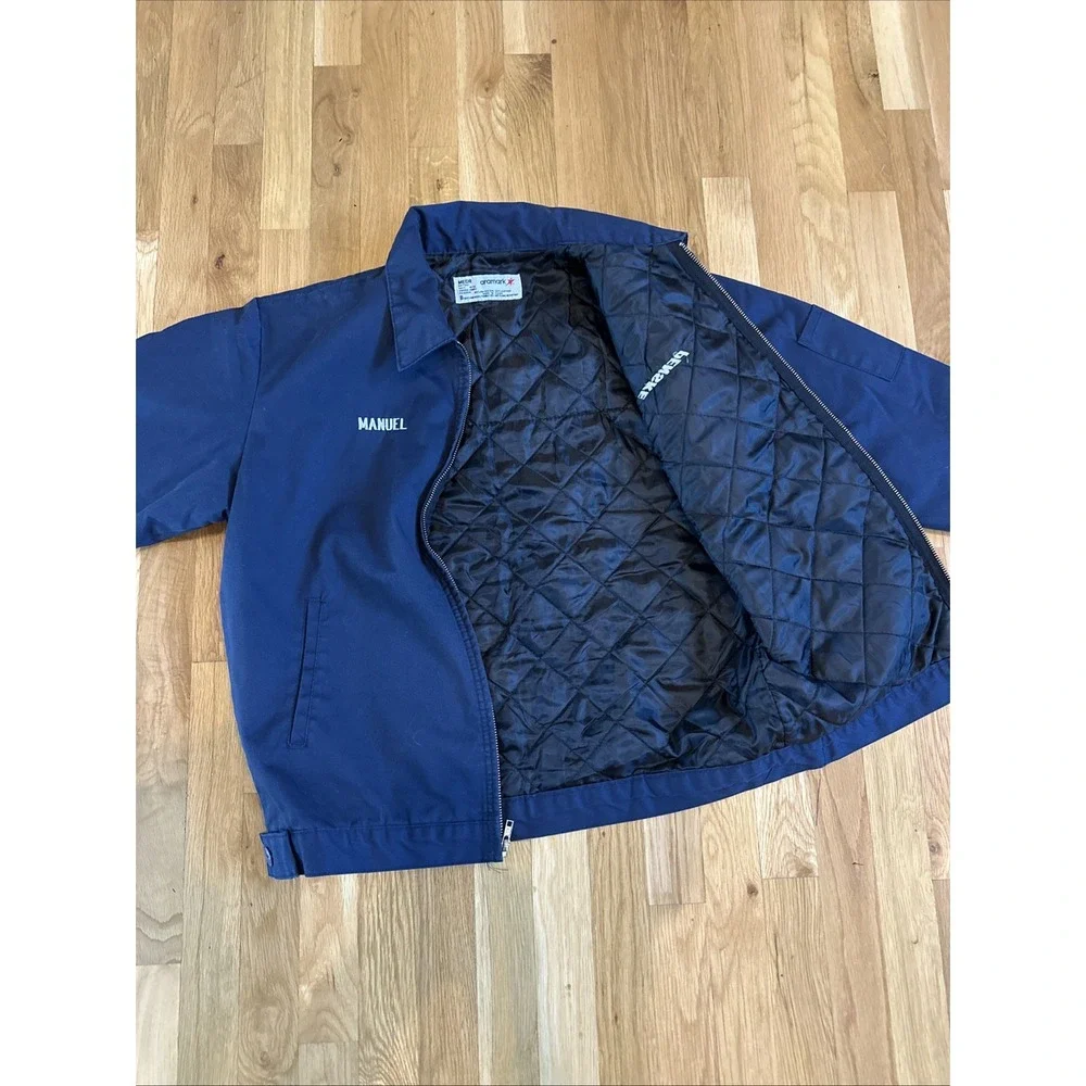Vintage Aramark Light Navy Blue Insulated Quilted Lined Work Mechanic Jacket Med